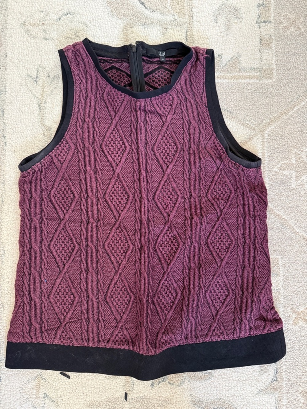Tibi Plum Cable-Knit Sleeveless Tank with Black Trim